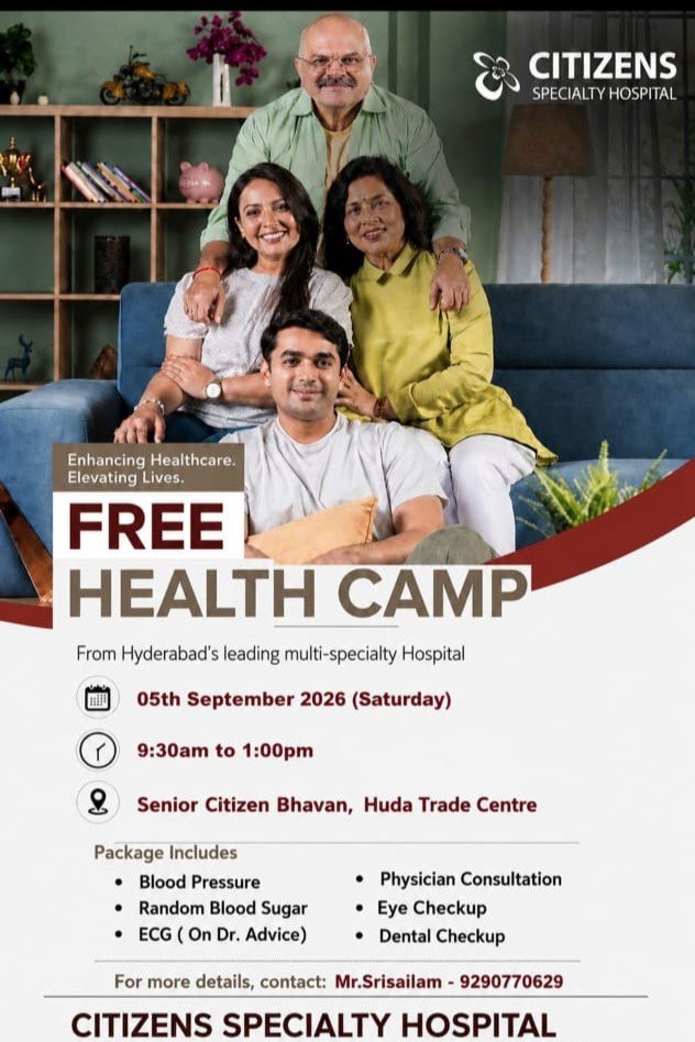 Pamphlet of Mega Health Camp  organized at Senior Citizen Bhavan by Citizen Hospital staff on 5th September 2026.jpeg